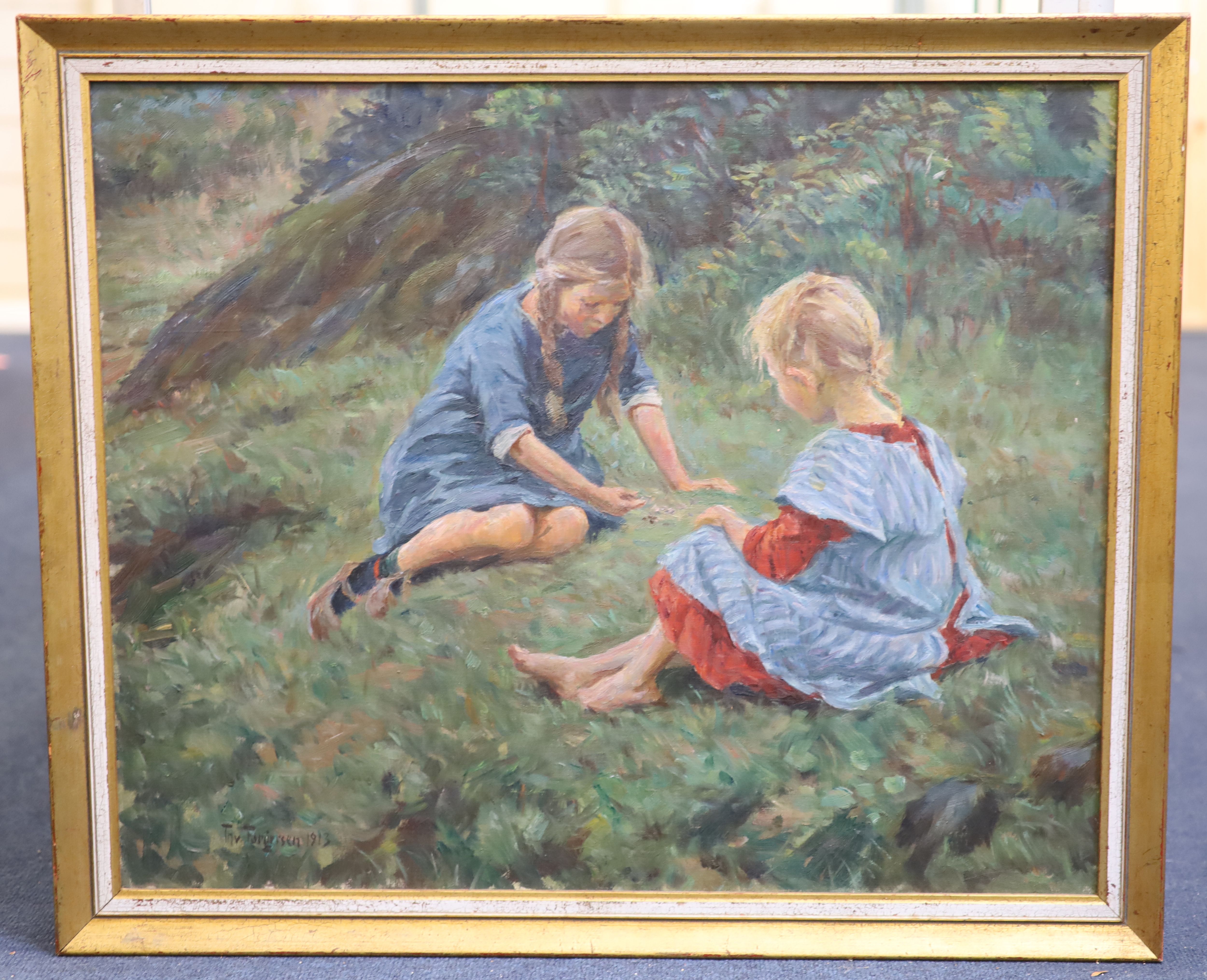 Thorvald Hagbart Torgersen (1862-1943) Girls playing upon a grassy bank 19.5 x 23.75in.